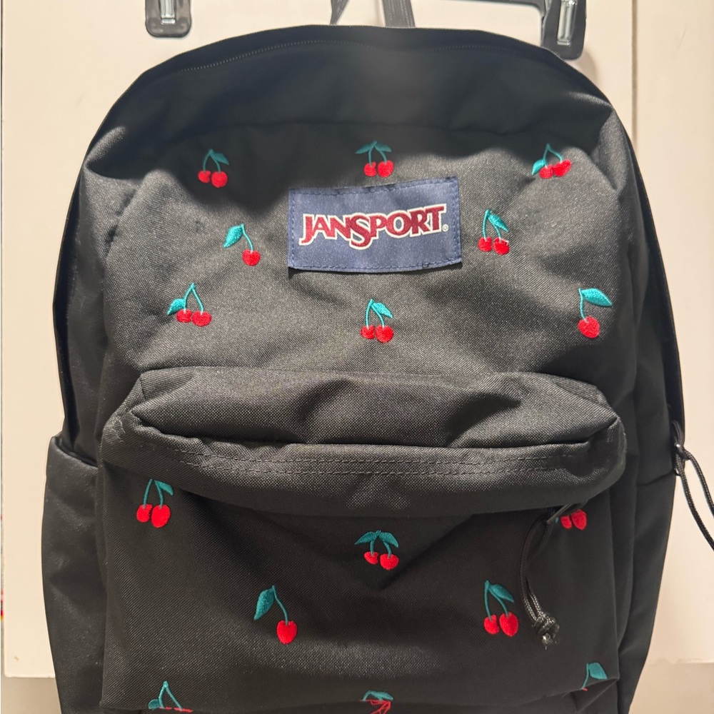 Jansport Black Backpack with Red Cherry Embroidery and Green Stems